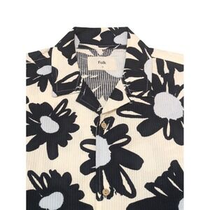 FOLK Floral Print Button Up Shirt Mens XL Beige Black Short Sleeve Casual